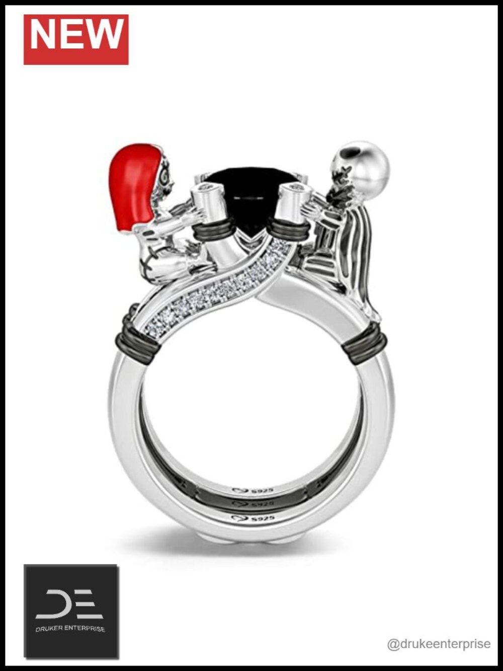 Sterling Silver Skull Couple Hug Me Round Cut Halo Ring